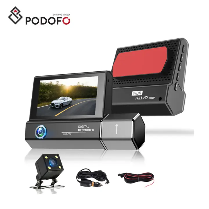 Podofo 3.0 ''Drie Lens Auto Camera Volledig 1080P Hd Dashcam Parking Monitor Nachtzicht Auto Videorecorder Auto Dvr