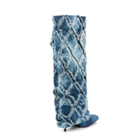 Denim genou-bottes bout carré chaussures à talons hauts 2023 nouvelle mode hiver printemps jean bottes Argyle fourrure pour femmes et dames PU