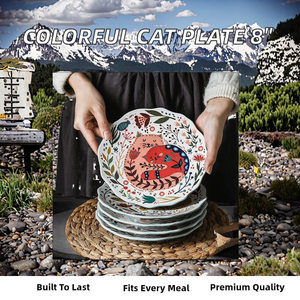 Plato de Cena de 8 Pulgadas con Diseño de Gato Colorido, Porcelana Fina con Esmalte Craquelado, Bandeja de Postre para Bodas, Vajilla con Diseño de Gatito y Flores, Apto para Microondas - Product Image 2