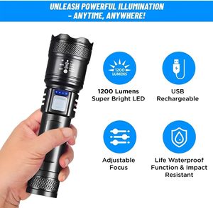 ไฟฉาย LED สีขาวแบบชาร์จ USB 1200 ลูเมน ไฟฉายยุทธวิธี - Product Image 2