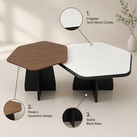 Ensemble de tables basses gigognes pour salon, design moderne géométrique octogonal et hexagonal, en noyer et panneaux de pierre technologique blanche, livraison directe