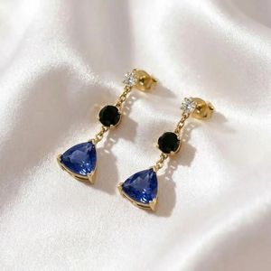 Blue Sapphire Trillion Cut <b>Earrings</b> with Black Obsidian Gemstone Drop Elegant CZ Accent <b>Dangle</b> <b>Earrings</b> in Handmade Fine Jewelry - Product Image 1