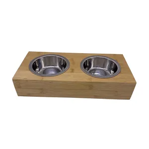 Basic Cat Bowls with Wooden Stand Pet Dining Table Cat Feeder with Bamboo Stand for Cats and Puppy