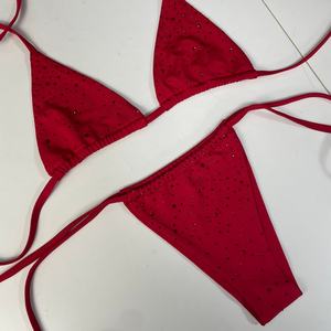 Maillot de bain rouge métallisé sexy et mature sur mesure, ensemble 2 pièces, séchage rapide, push-up, bikini à bretelles en V - Product Image 3