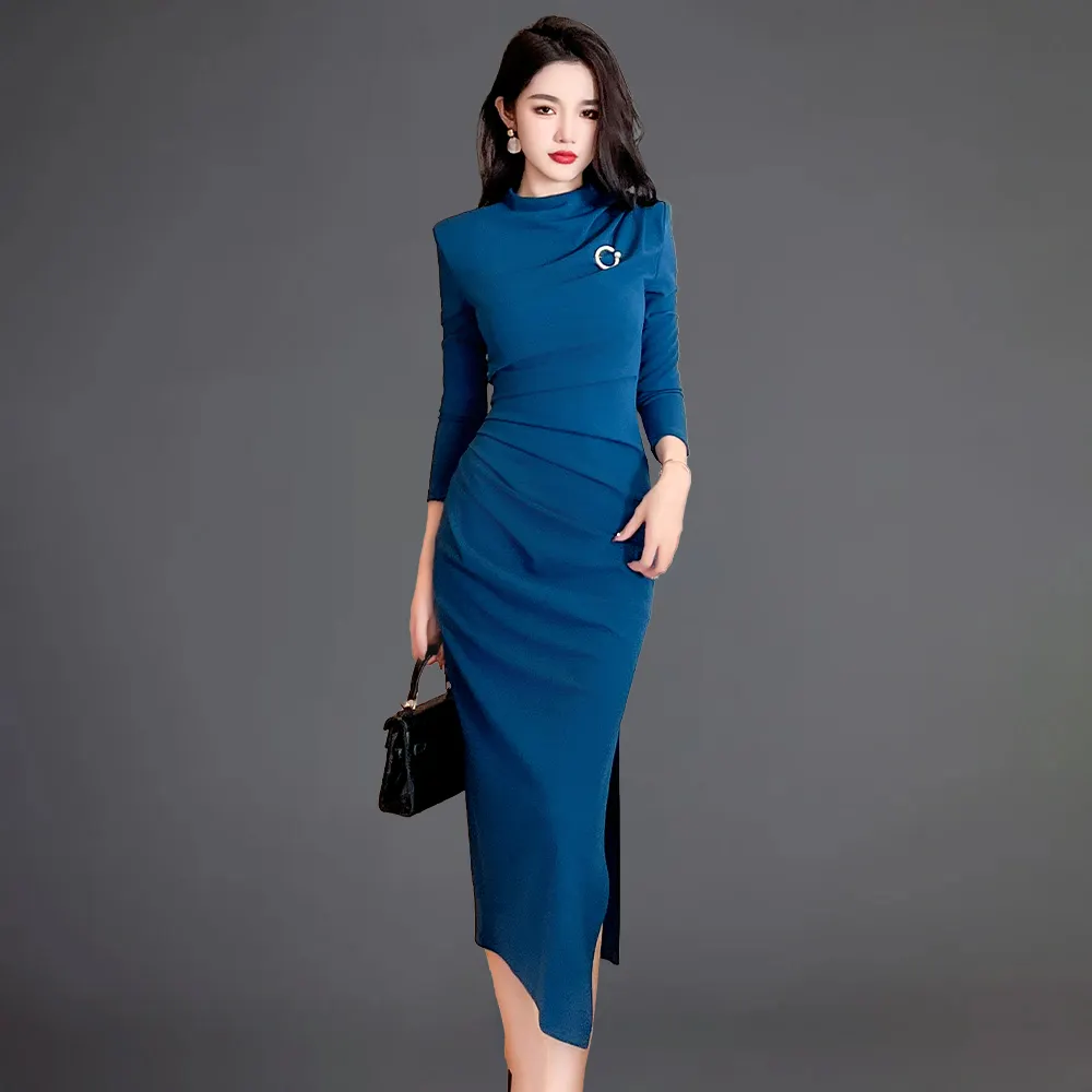 ZYHT 30577 Chic Lake Blue Büro Lady Skinny Ruffle Midi Kleid Elegante Party Langarm Hip Wrap Split Kleid