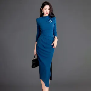 ZYHT Dress Midi wanita kantor, gaun pesta terpisah bungkus pinggul lengan panjang elegan Ruffle ketat 30577