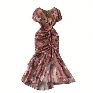 Vestido Maxi de Verano con Cuello en V, Manga Corta, Estampado, Estilo Trompeta/Sirena, Tejido Ecológico, Cintura Imperio, Retro, Casual, para Fiesta - Product Image 5