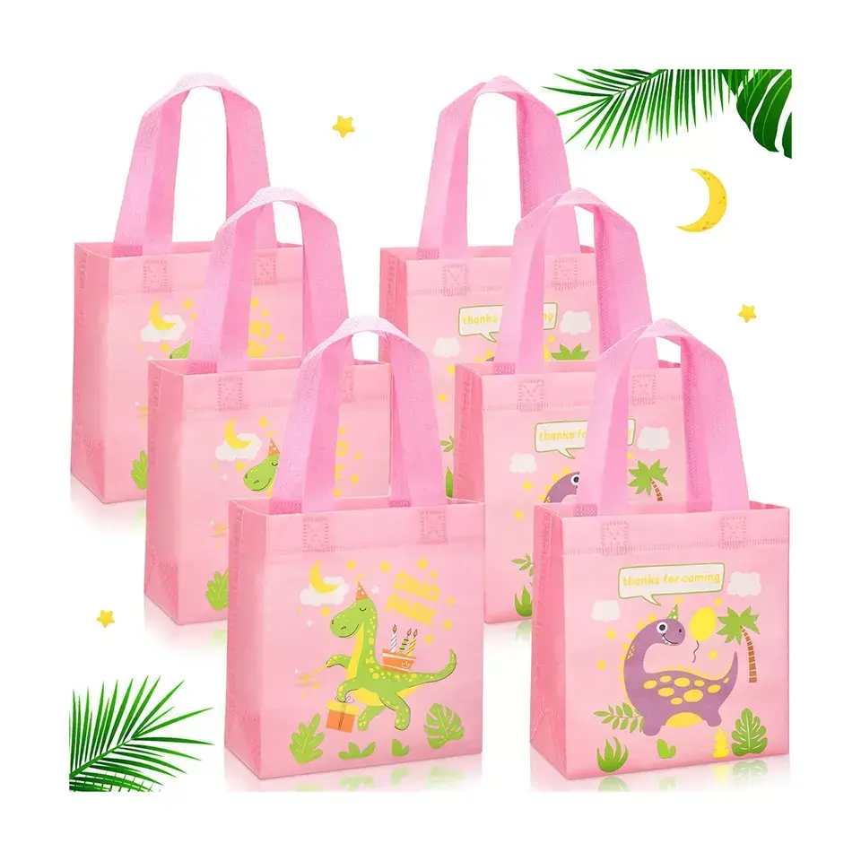 Logo personalizzato Cute Kids Party Gift confezione da sposa dinosauro rosa borsa pieghevole portatile in tessuto non tessuto rpet