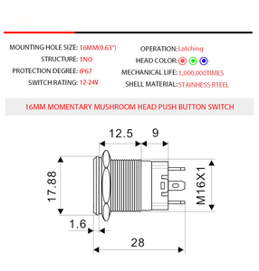 Plastic & Metal IP65 <b>Push</b> <b>Button</b> <b>Switch</b> with Momentary Operation for Home Appliances 22mm Mounting Hole - Product Image 2