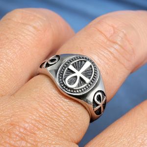 Stainless Steel <b>Ring</b> with Ankh Emblem Classic Signet Design Two Tone <b>Silver</b> and Gold Textured Black Face Vintage Style <b>for</b> <b>Men</b> - Product Image 5