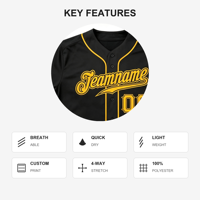 Maillot de baseball noir et jaune personnalisé, fabrication directe d'usine OEM ODM, boutonné pour équipe