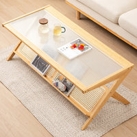 Table basse rectangulaire à double couche en verre trempé avec cadre en bambou Moso de style japonais moderne minimaliste Dingfshuai pour salon