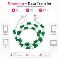 Kabel Charger Ponsel Berhias Manik-Manik Natal Hijau Putih 4 in 1 USB Type C Kabel Pengisi Daya Multi Fungsi Kado Liburan