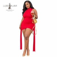 Gaun Mini Bodycon Tanpa Lengan Kerah Tinggi Merah Wanita Detail Pita Samping Ukuran Besar untuk Pesta, Cocok untuk Pembeli Grosir