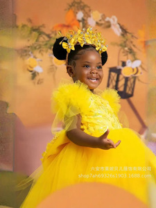 Abito <span class=keywords><strong>da</strong></span> Principessa Giallo in Pizzo per Damigella d'Onore, Vestito <span class=keywords><strong>da</strong></span> <span class=keywords><strong>Ballo</strong></span> per Feste di Compleanno per Bambine, Abito per il Riunione Annuale dei Bambini - Product Image 4