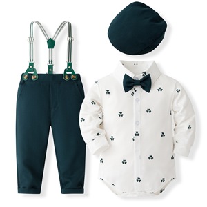 Catpapa Vente en gros Ensemble de cérémonie 4 pièces pour bébés garçons, comprenant Body imprimé trèfle, Pantalon à bretelles vert foncé, Nœud papillon et <span class=keywords><strong>Béret</strong></span>, pour Baptême - Product Image 1