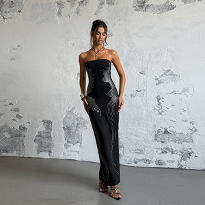 Abito lungo elegante <span class=keywords><strong>da</strong></span> <span class=keywords><strong>donna</strong></span> nero senza spalline, con strass, aderente, con spacco alto, per serate formali e feste di gala - Product Image 4