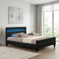 Luxuriöses Doppelbett mit Polsterung, Minimalistisches Schlafzimmerbett, Maßgefertigtes PU-Lederbett mit LED-Beleuchtung und Matratzenaufbewahrung