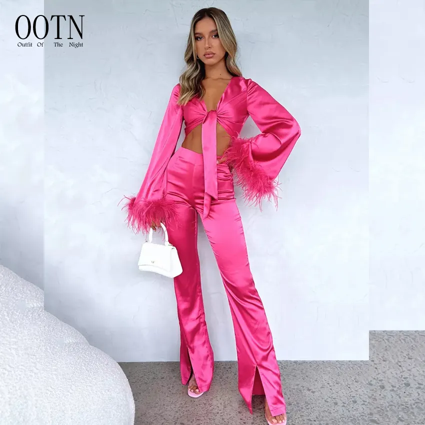 OOTN Fashion Sexy Elegant Pant Suits Female Feather Flare Long Sleeve Tie Up Crop Tops + High Waist Split Pants Two Piece Sets W