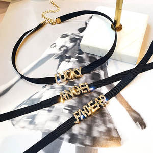 Été Sexy Noir Tressé Collier Ras du Cou Jeunes Filles Hip Hop Disco Shiny Rhinestone Lucky Angel <span class=keywords><strong>Jadear</strong></span> Lettre Collier Femmes - Product Image 1