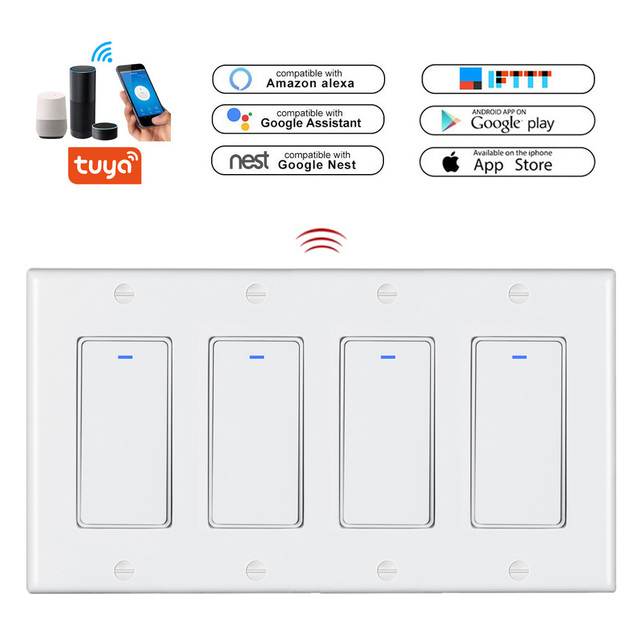 LEDEAST DS-122F Tuya WiFi Smart Light Switch 4 Gang Push Button Design for US Standard Remote Control Home Automation