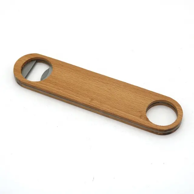 Heavy Duty Kitchen Bar Restaurant Tool Metal Stainless Steel Flat Blade Speed Beer Bottle Opener With Beech Wood Coated Cover
