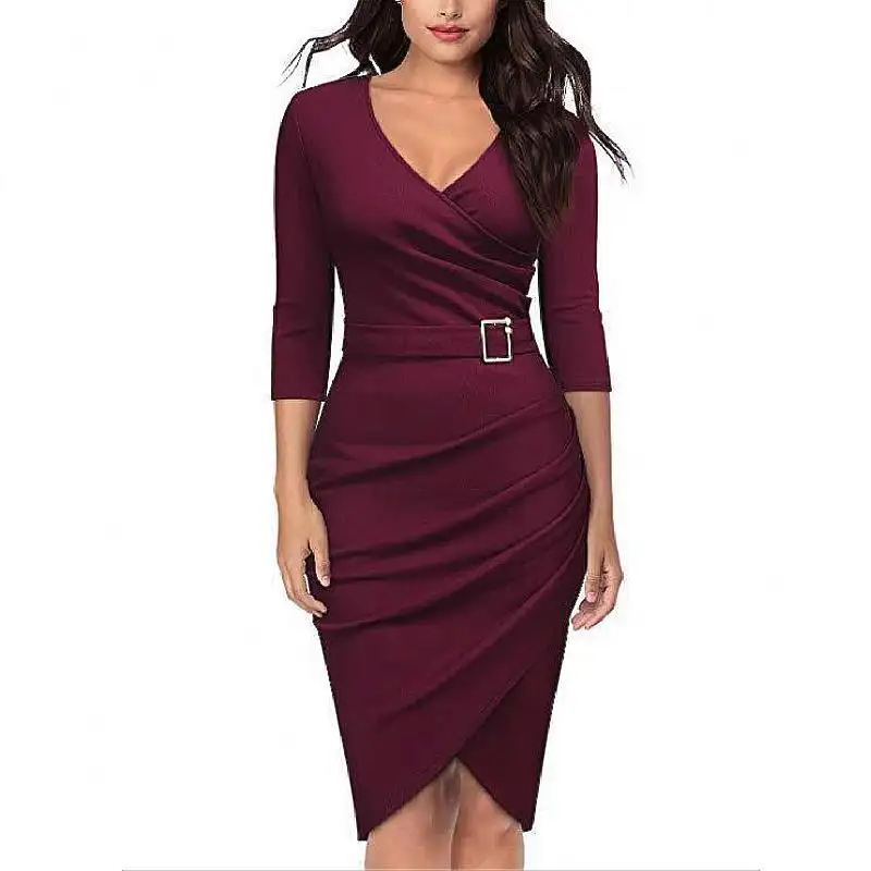 Benutzer definierte Sexy Frauen Mode Frühling Herbst Kleid Einfarbig Sieben Ärmel Casual Slim Pencil Party Abendkleider