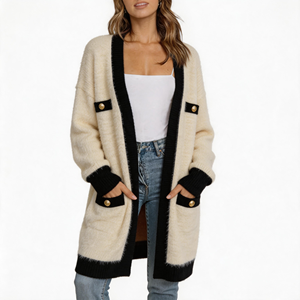 Cárdigan de <span class=keywords><strong>Mujer</strong></span> Personalizado, Color Crema, con Detalles en Contraste Negro, Cuello en V, Largo Medio, Estilo Tweed Elegante - Product Image 1