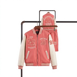 Premium 380 GSM Cotton Polyester Fleece Varsity <b>Tracksuit</b> <b>Pink</b> White Contrast Panel Custom Chenille Logo - Product Image 1