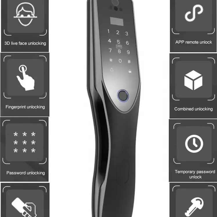 Riconoscimento facciale smart lock fingerprint password swipe card lock la batteria di grandi dimensioni può essere collegata alla casa intelligente