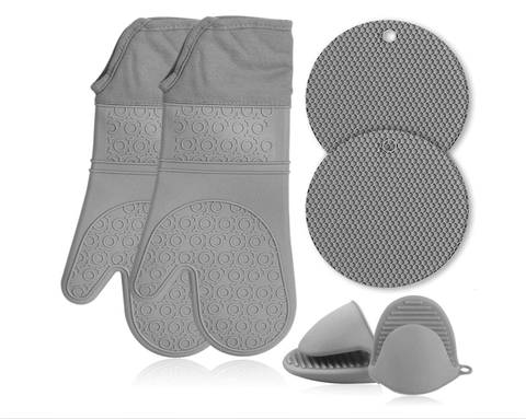 Extra Long Oven Mitts and Pot Holders Sets: Heat Resistant Silicone Oven Mittens with Mini Oven Mitt
