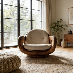 Poltrona Singola <span class=keywords><strong>in</strong></span> <span class=keywords><strong>Legno</strong></span> Massello Stile Mid-Century con Base Girevole, Colore del Tessuto Personalizzabile, <span class=keywords><strong>per</strong></span> <span class=keywords><strong>Soggiorno</strong></span> e Showroom - Product Image 1