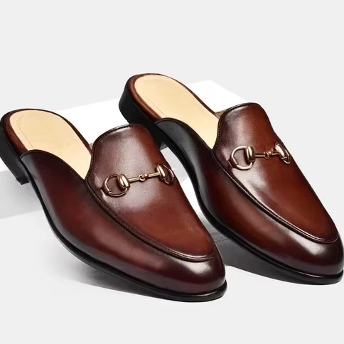 2026 Luxury Men's Formal Flat Leather Dress Shoes Men's Half Leather Mules Low Heel Casual Shoes Tassel Monk Strap Loafers