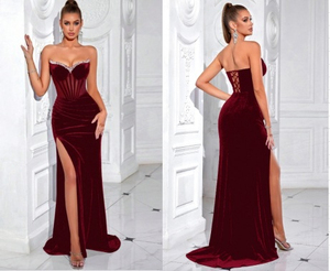 Robe de soirée sirène en velours rouge, col cœur, sans manches, longueur ras du sol, avec superposition transparente et décoration en strass, élégante robe d'hiver - Product Image 5