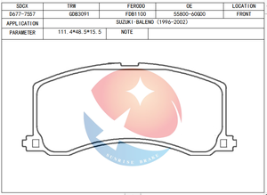 Plaquettes de frein SDCX D677-7557 /GDB3091 55800-61G74 PN9381 pour <span class=keywords><strong>SUZUKI</strong></span> Baleno / Esteem / Cultus Crescen /BALENO ALTURA - Product Image 2