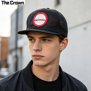 Custom Logo Full Mesh 5 Panel <b>Flat</b> Brim Cap Wholesale Bulk Breathable Structured <b>Hat</b> With Circular Woven Patch Manufacturer - Product Image 1