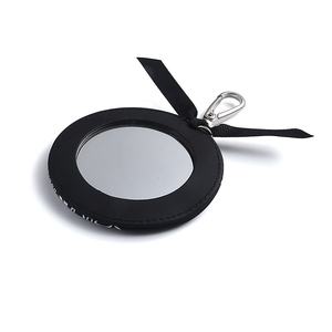 Round Shape Black Ribbon Printing Keychain Leather Single Side Handheld Mini <b>Mirror</b> - Product Image 2