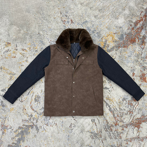 Veste en faux daim personnalisée d'usine avec patch et col en poils de lapin matelassé doublé longue veste en faux cuir et daim <span class=keywords><strong>manteau</strong></span> de chasse pour hommes - Product Image 1