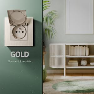 Enchufe <span class=keywords><strong>de</strong></span> Pared Francés 2P+T con Marco <span class=keywords><strong>de</strong></span> Metal Cepillado Negro, Gris y Dorado, Estándar Europeo, IP44, 16A, 250V, con Cubierta Impermeable - Product Image 5