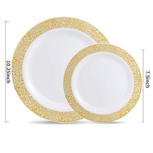 Ensemble de vaisselle écologique jetable pour 25 invités Tasse de 9oz avec bordure en dentelle en or blanc Assiette à dessert en or Fourchette Couteau Cuillère - Product Image 5