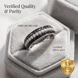 Bague pavée de diamants noirs et blancs en or blanc 18 carats, sertie sur trois rangées, bijoux fins personnalisés de qualité supérieure, cadeau d'anniversaire d'usine - Product Image 3