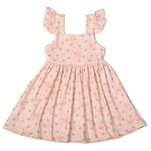 Vestido de niña al por mayor Cd-3-3 personalizado de bambú/algodón con corte en A, manga con volantes y pétalos, tirantes ajustables y lazo trasero para bebé/niña pequeña - Product Image 6