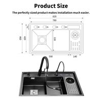 Évier de cuisine double moderne fait main en acier inoxydable 304 noir nano avec robinet intelligent multifonction - Grande Vente
