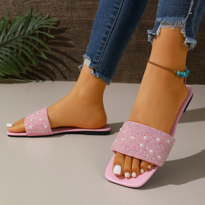 Sandalias Planas de Mujer con Punta de Acero y Pedrería de Perlas en 5 Colores, Tallas Grandes 35-43, Modelo 611, Lujosas, Modernas y Suaves para la Playa - Product Image 4