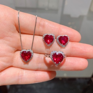 Fashion Eco-friendly Copper 9*9MM Zircon Romantic Necklace and Ear Rings 3PCS <b>Set</b> Red Heart Jewelry <b>Set</b> for Valentine Day Gifts - Product Image 5