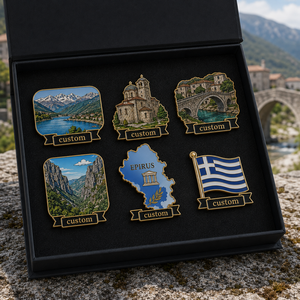Lot de pin's en émail personnalisés sur le thème d'Epirus, avec boîte cadeau, motifs Montagne, Lac, Pierre, Église, souvenirs touristiques grecs, ensemble cadeau - Product Image 1