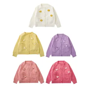 New Design 2022 Fall Girls Clothing Boutique Girls Sweaters Butterfly Solid Knitted Kids Cardigan