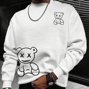 Sudadera blanca para hombre con estampado de oso de dibujos animados, ropa informal de calle, jersey de cuello redondo, moda OEM ODM al por mayor - Product Image 1