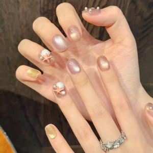 Ocean Fairy Tale <span class=keywords><strong>Uñas</strong></span> artificiales Summer Bubble Sea Star con Light Blue Cat Eye Soft <span class=keywords><strong>Gel</strong></span> Press on Nails Alta calidad - Product Image 4