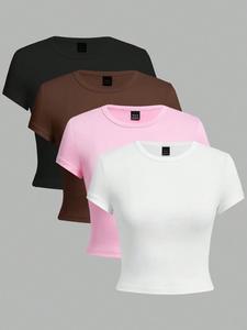 เสื้อยืดครอปคอกลมแขนสั้นทรงเข้ารูปเซ็กซี่สีสันตามสั่งสำหรับผู้หญิงขายส่งเสื้อผ้าลำลองฤดูร้อน - Product Image 2